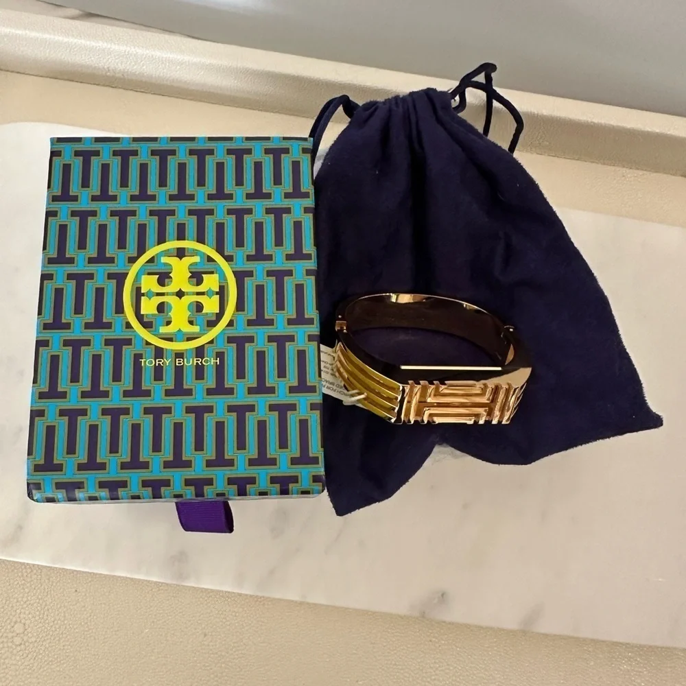 Tory Burch Fitbit Fret Metal Hinged Bracelet heavy gold with box and dust bag - Picture 2 of 5